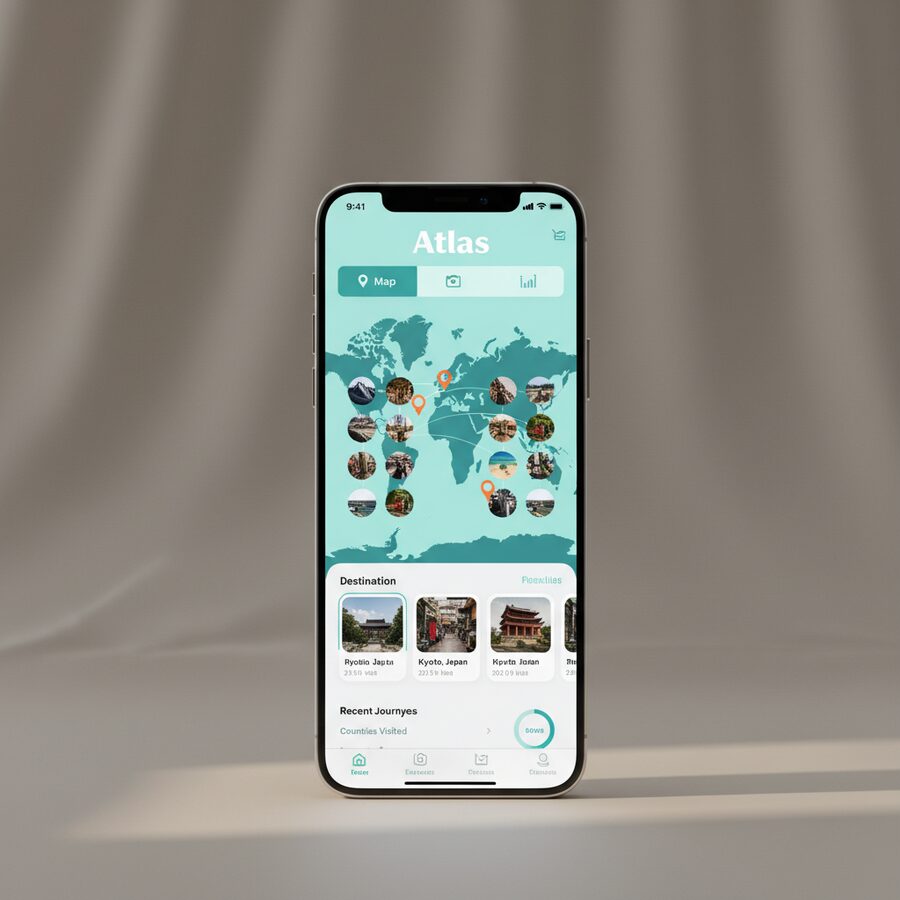 Atlas — Travel Journal mobile app mockup