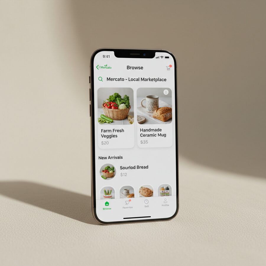 Mercato — Local Marketplace mobile app mockup