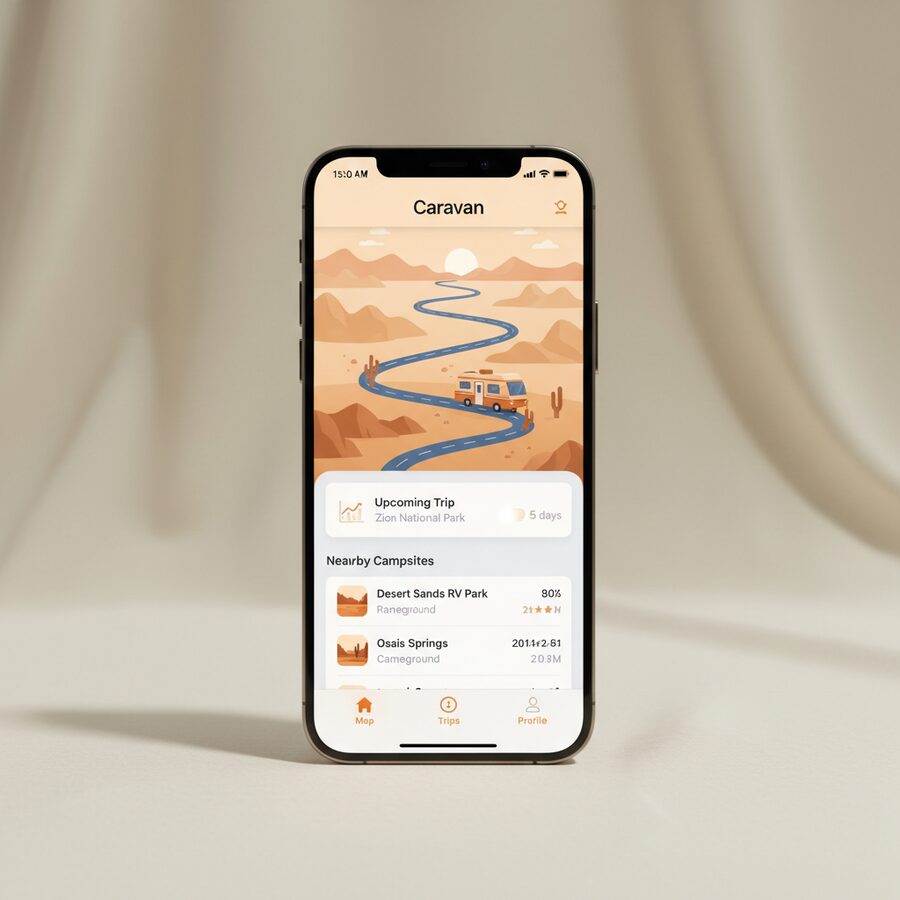 Caravan — RV Travel mobile app mockup